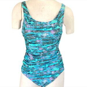 Speedo One Piece Ruched Swimsuit Sz 10 Blue Green Purple Black 11R
